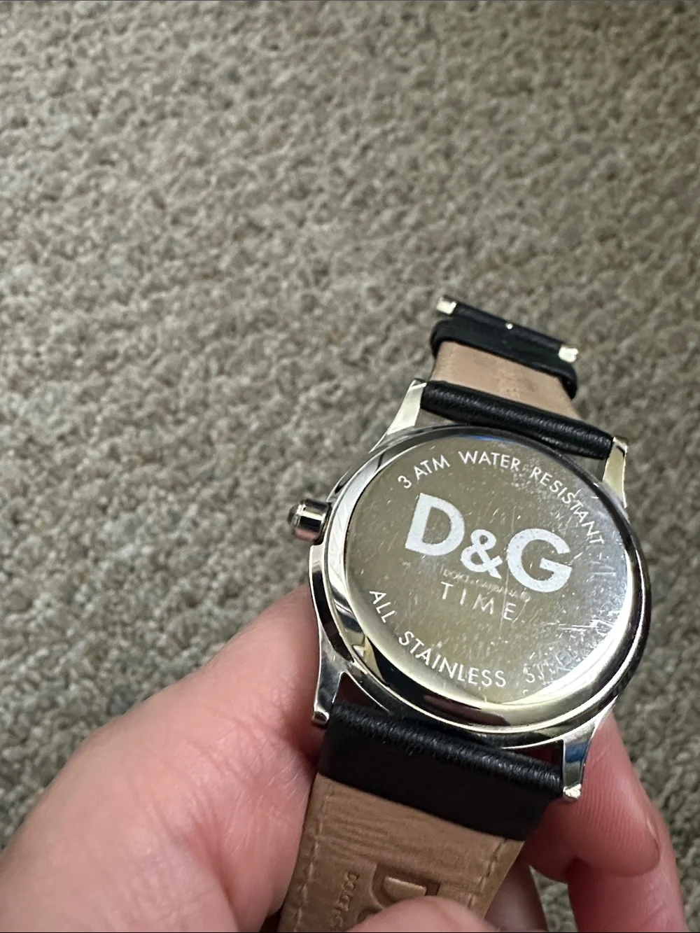 D&G Black Leather Strap Watch with Brushed Steel Back